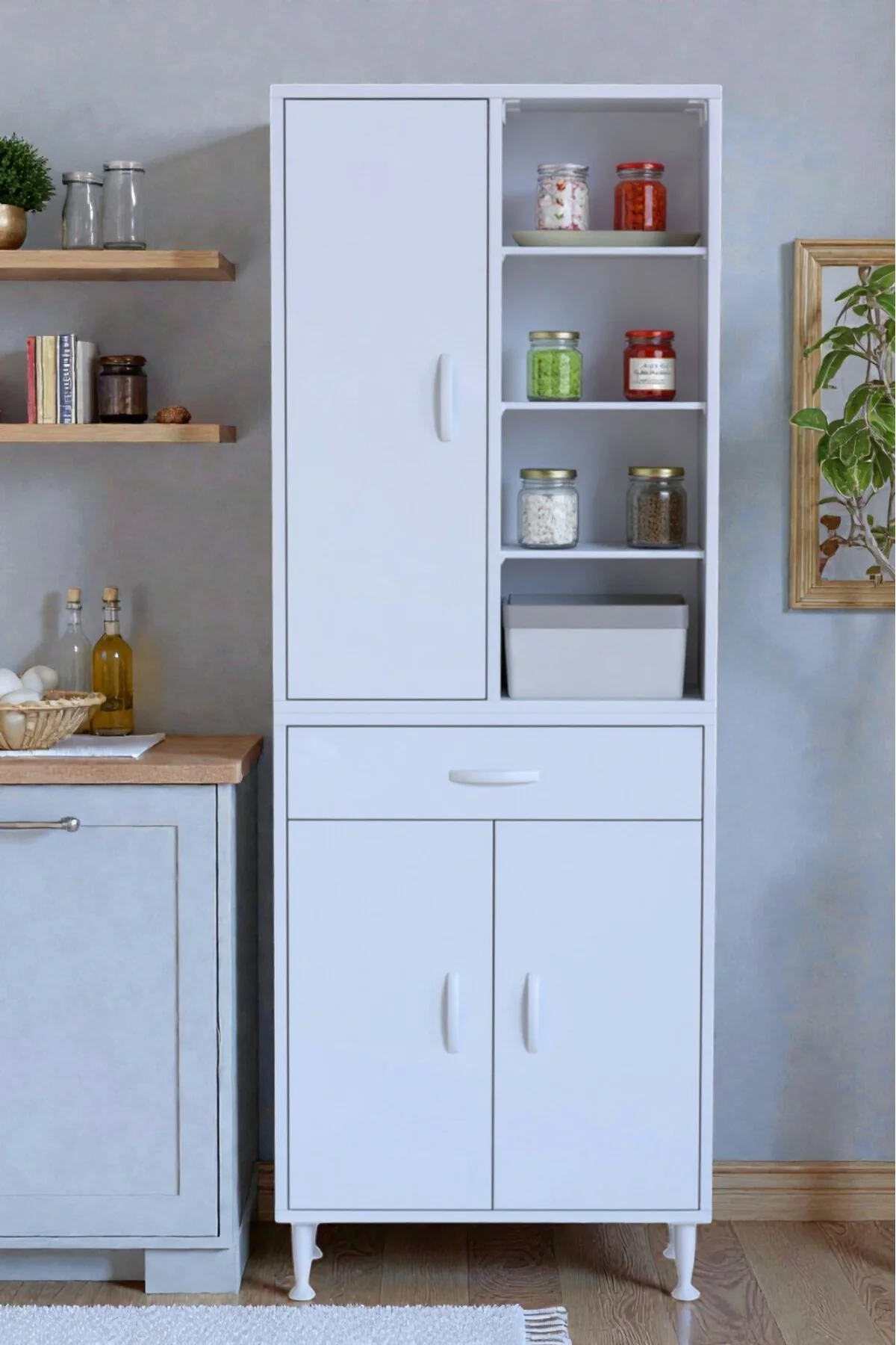 Funci Beyaz Renk G:60 cm Banyo Dolabı 3 Kapaklı 7 Raflı Dolap 60x