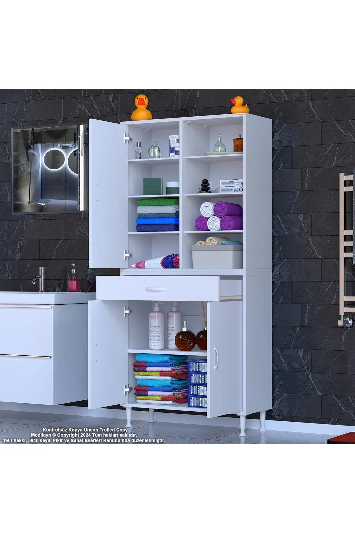 Funci Beyaz Renk G:75 cm Banyo Dolabı 3 Kapaklı 7 Raflı Dolap 75x