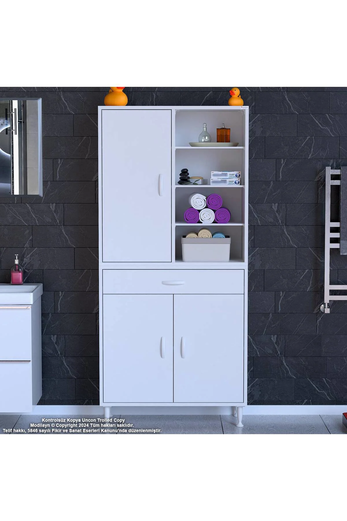 Funci Beyaz Renk G:75 cm Banyo Dolabı 3 Kapaklı 7 Raflı Dolap 75x