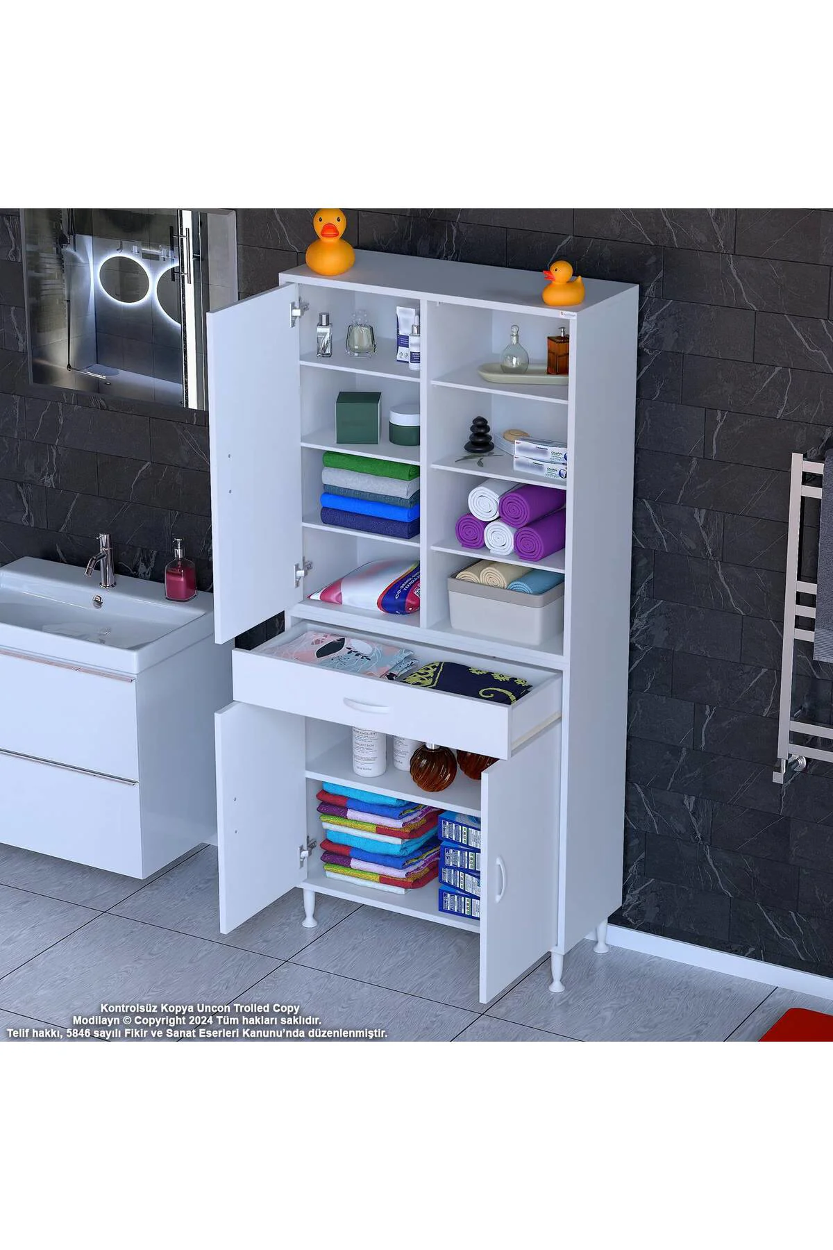 Funci Beyaz Renk G:75 cm Banyo Dolabı 3 Kapaklı 7 Raflı Dolap 75x