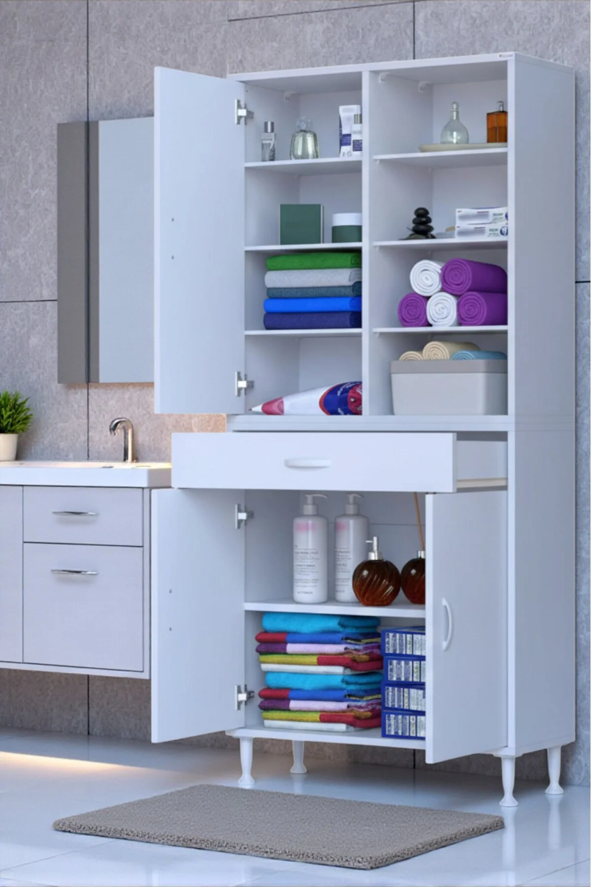 Funci Beyaz Renk G:80 cm Banyo Dolabı 3 Kapaklı 7 Raflı Dolap 80x