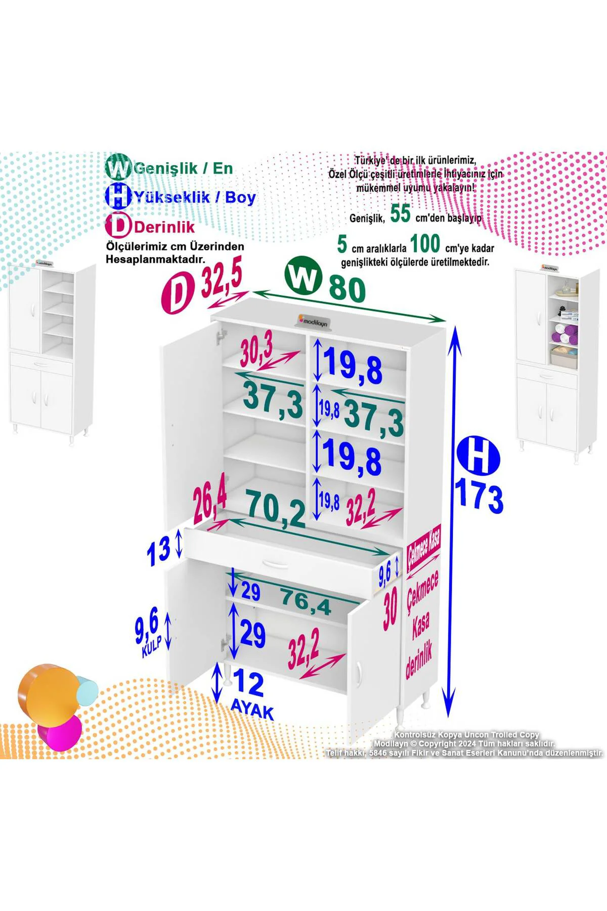 Funci Beyaz Renk G:80 cm Banyo Dolabı 3 Kapaklı 7 Raflı Dolap 80x
