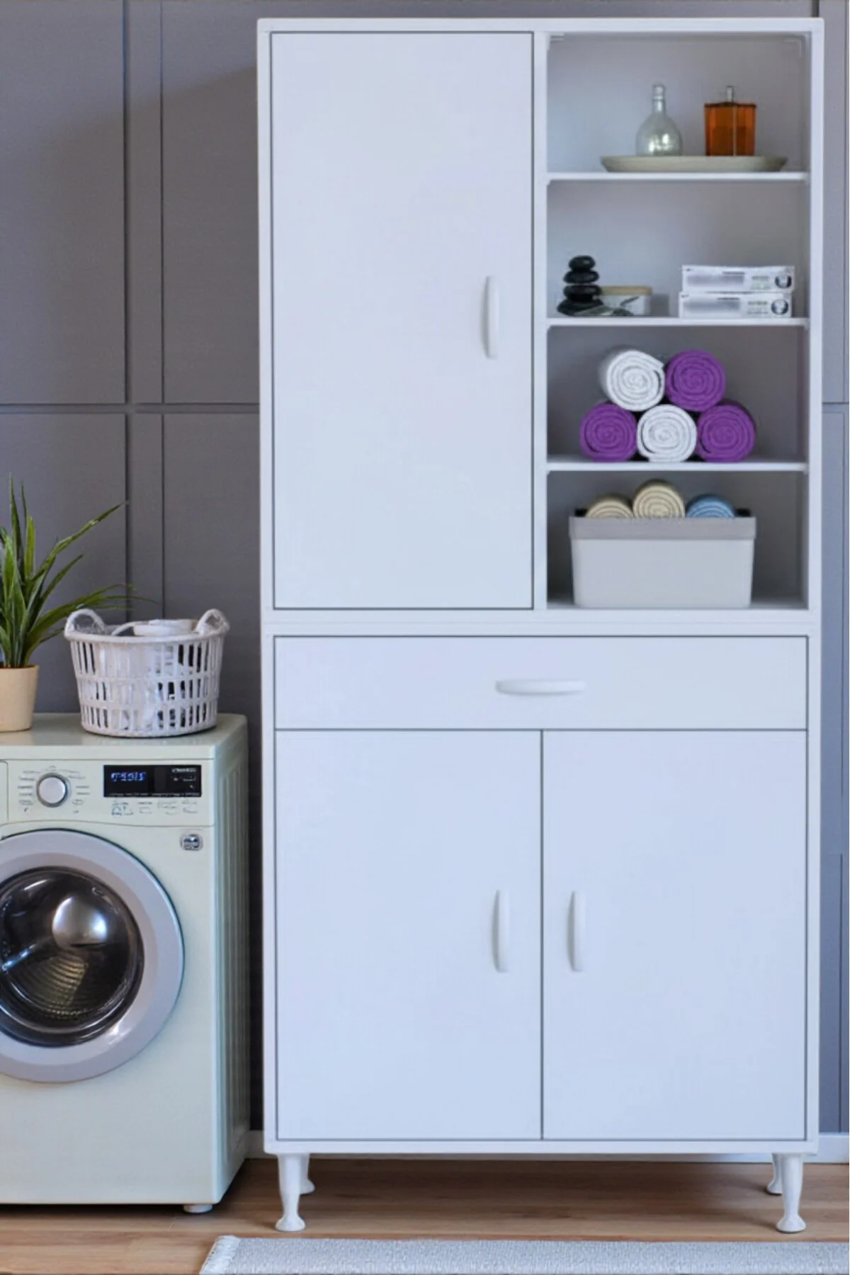 Funci Beyaz Renk G:85 cm Banyo Dolabı 3 Kapaklı 7 Raflı Dolap 85x