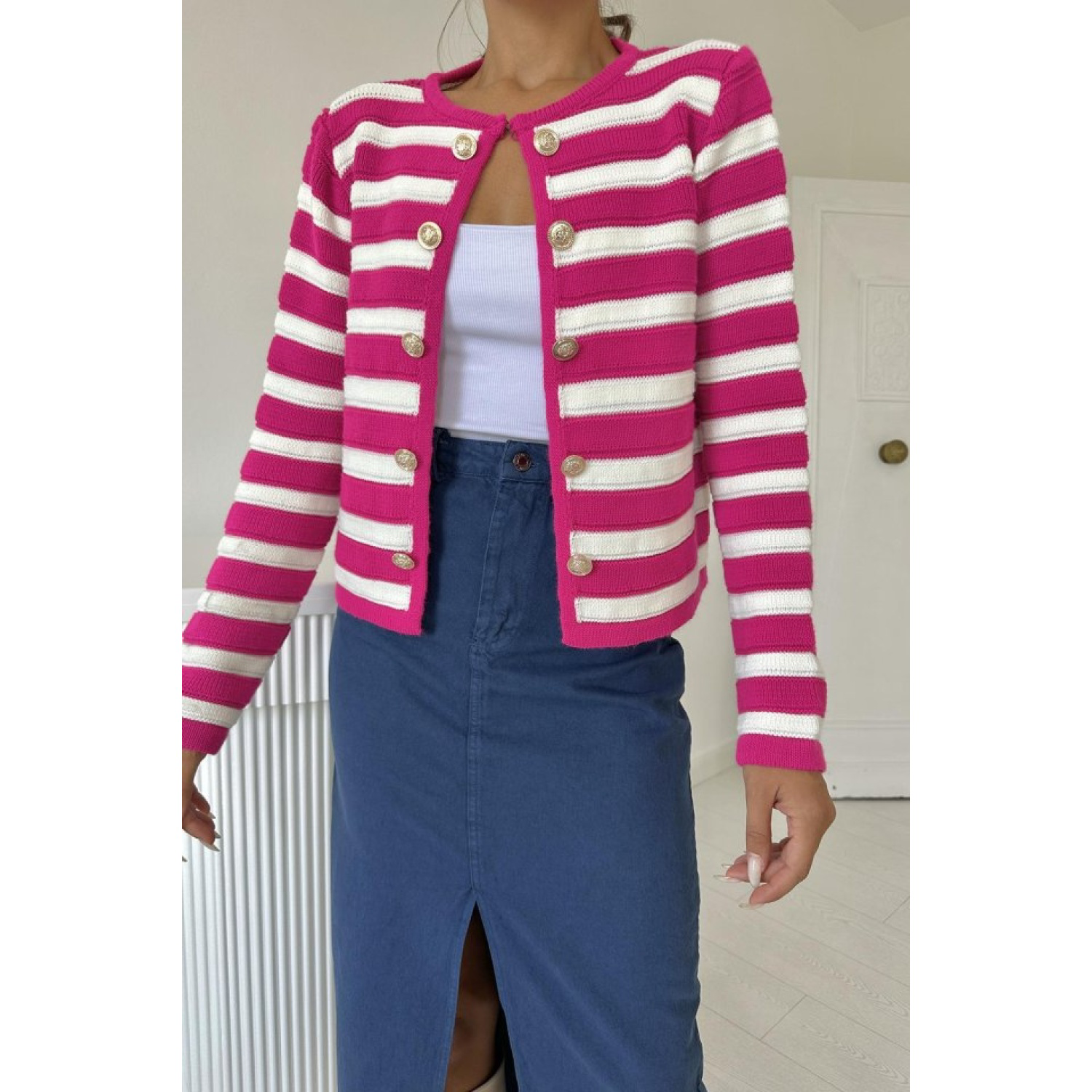 Fuşya Çizgili Ve Düğmeli Triko Kazak