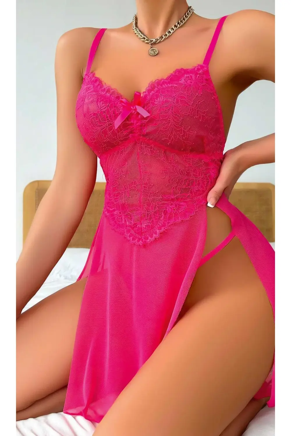 Pilelistore Fuşya Dantel İşlemeli Transparan Fantezi Tül Gecelik