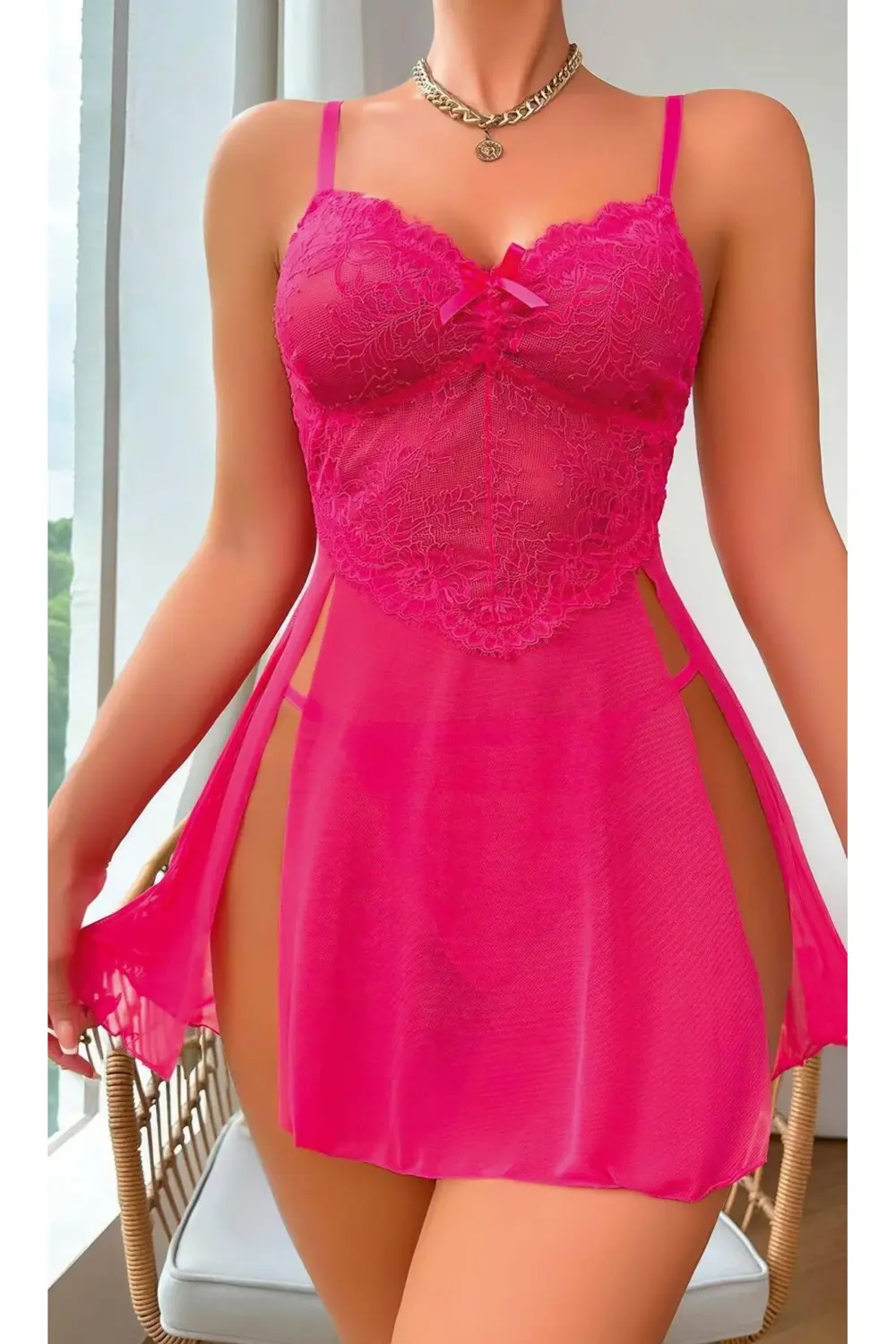 Pilelistore Fuşya Dantel İşlemeli Transparan Fantezi Tül Gecelik