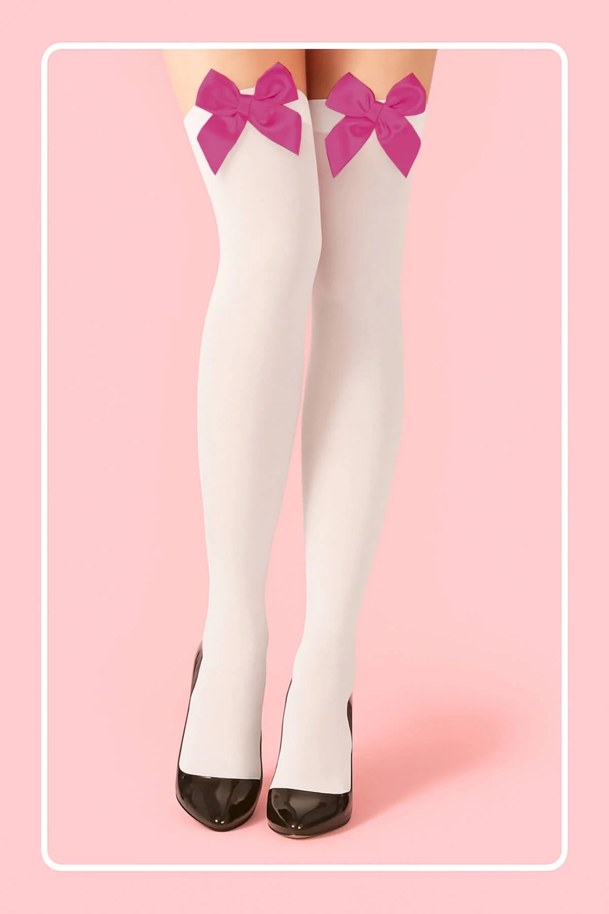 Fuşya Fiyonklu Beyaz Jartiyer Çorabı - Thigh High Moda