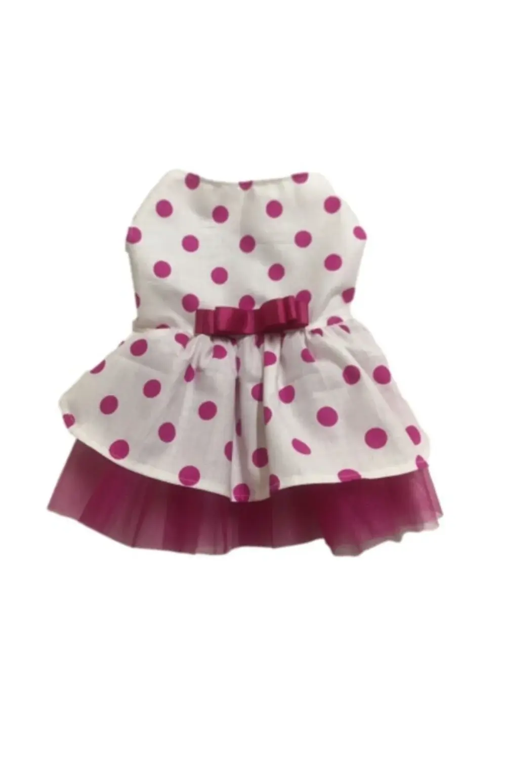 Fuşya Fiyonklu Puantiyeli Kedi Köpek Kıyafeti Elbisesi