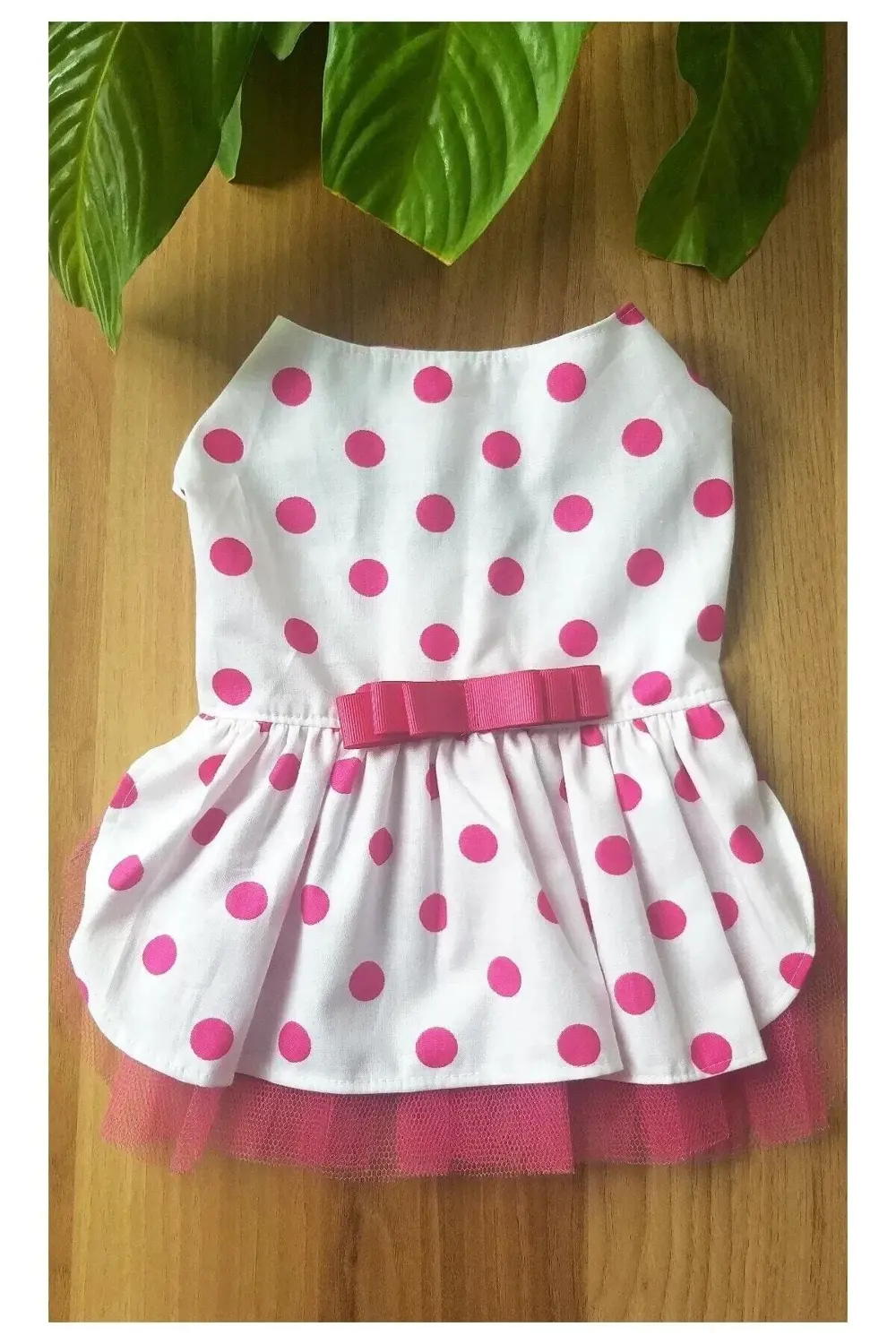 Fuşya Fiyonklu Puantiyeli Kedi Köpek Kıyafeti Elbisesi Small/s/be