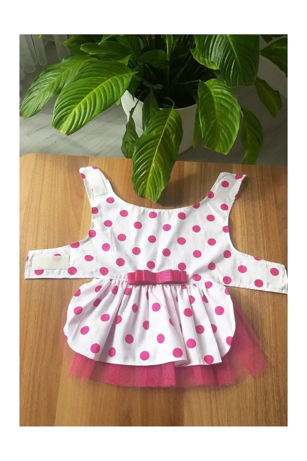 Fuşya Fiyonklu Puantiyeli Kedi Köpek Kıyafeti Elbisesi Small/s/be