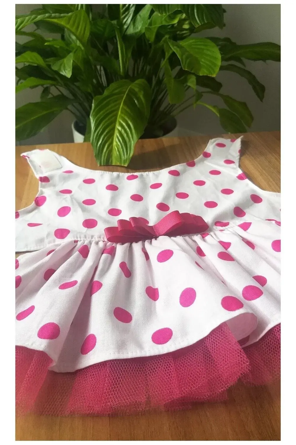 Fuşya Fiyonklu Puantiyeli Kedi Köpek Kıyafeti Elbisesi Small/s/be