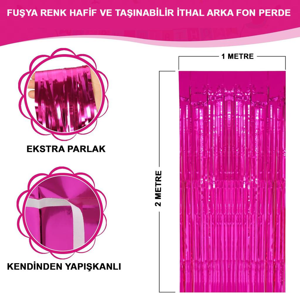 Fuşya Renk Ekstra Metalize Parlak Saçaklı Arka Fon Perde İthal A 