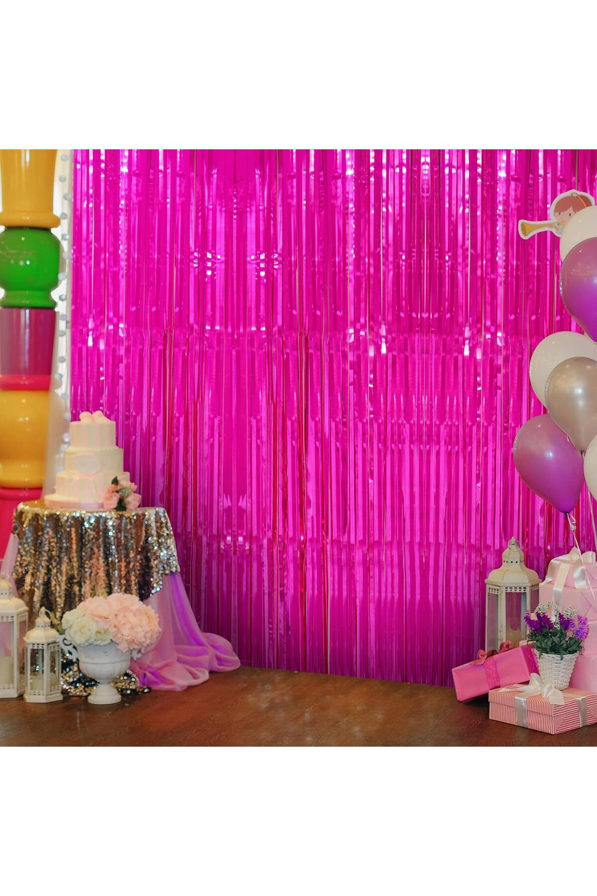 Ok Aksesuar Fuşya Renk Ekstra Metalize Parlak Saçaklı Arka Fon Perde İthal A