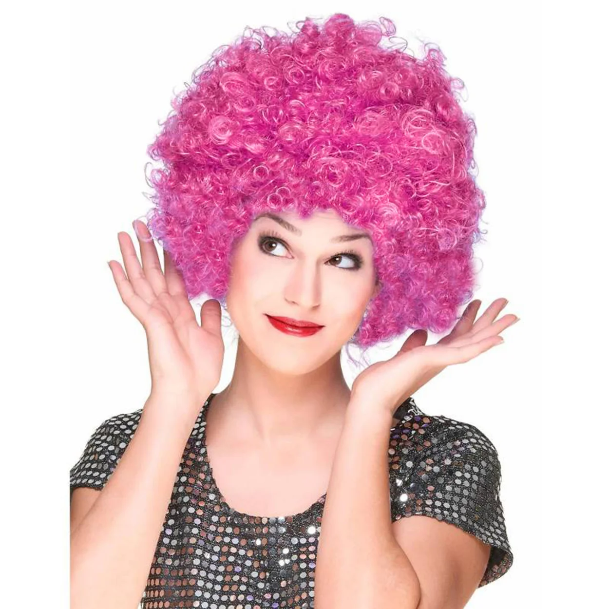 Fuşya Renk Kıvırcık Afro Bonus Peruk  Parti Peruğu
