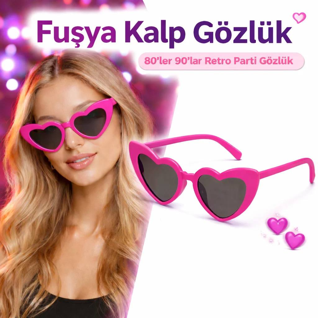 Fuşya Retro Kalp Gözlük – 80'ler 90'lar Parti Gözlüğü