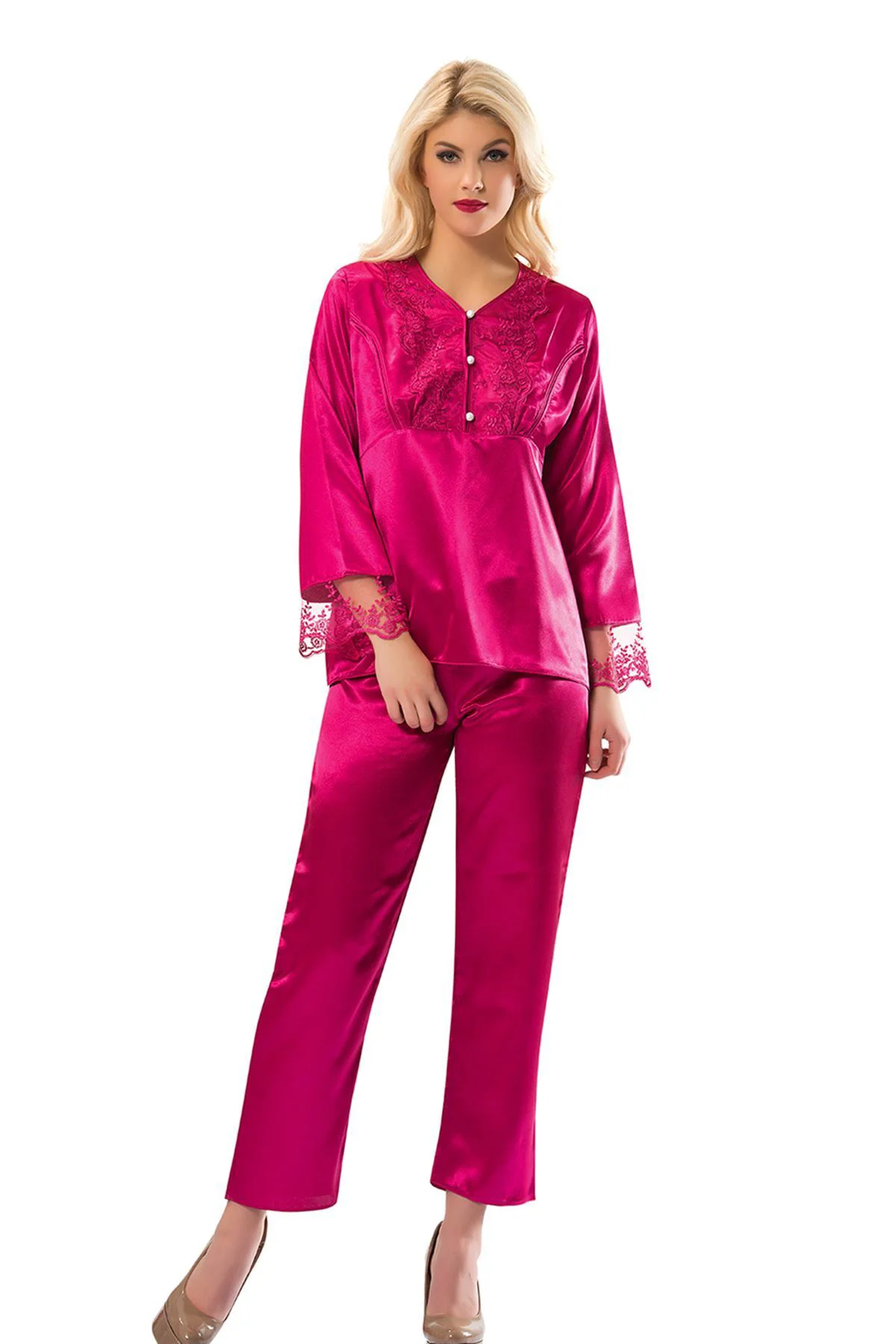 Fuşya Saten Pijama Takımı - 1595 Fuşya Saten Pijama Takımı - 1595