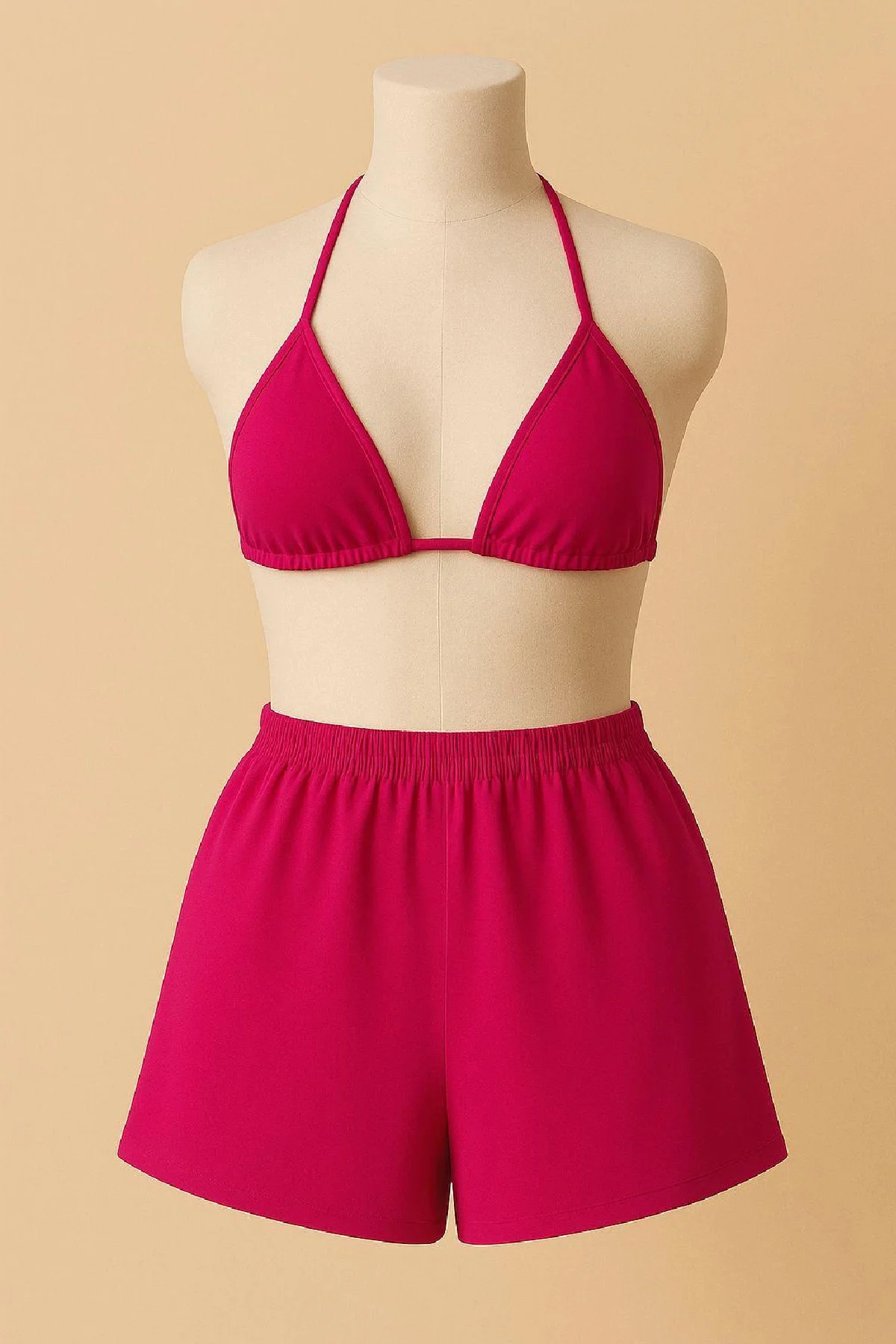 Fuşya Şortlu Belden ve Boyundan Bağlamalı Bikini Takımı