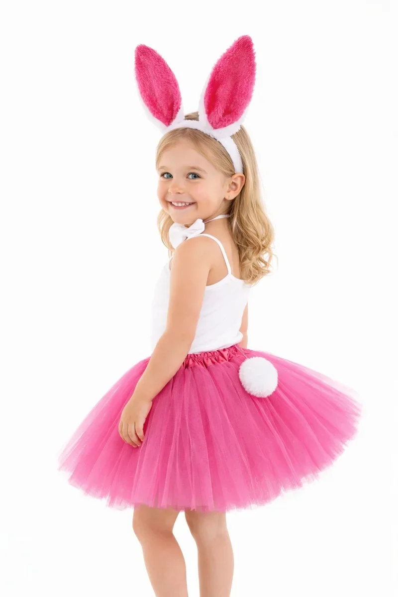 Fuşya Tavşan Kostüm Seti Kız Çocuk Tütü Etek, Taç, Papyon ve Ponp