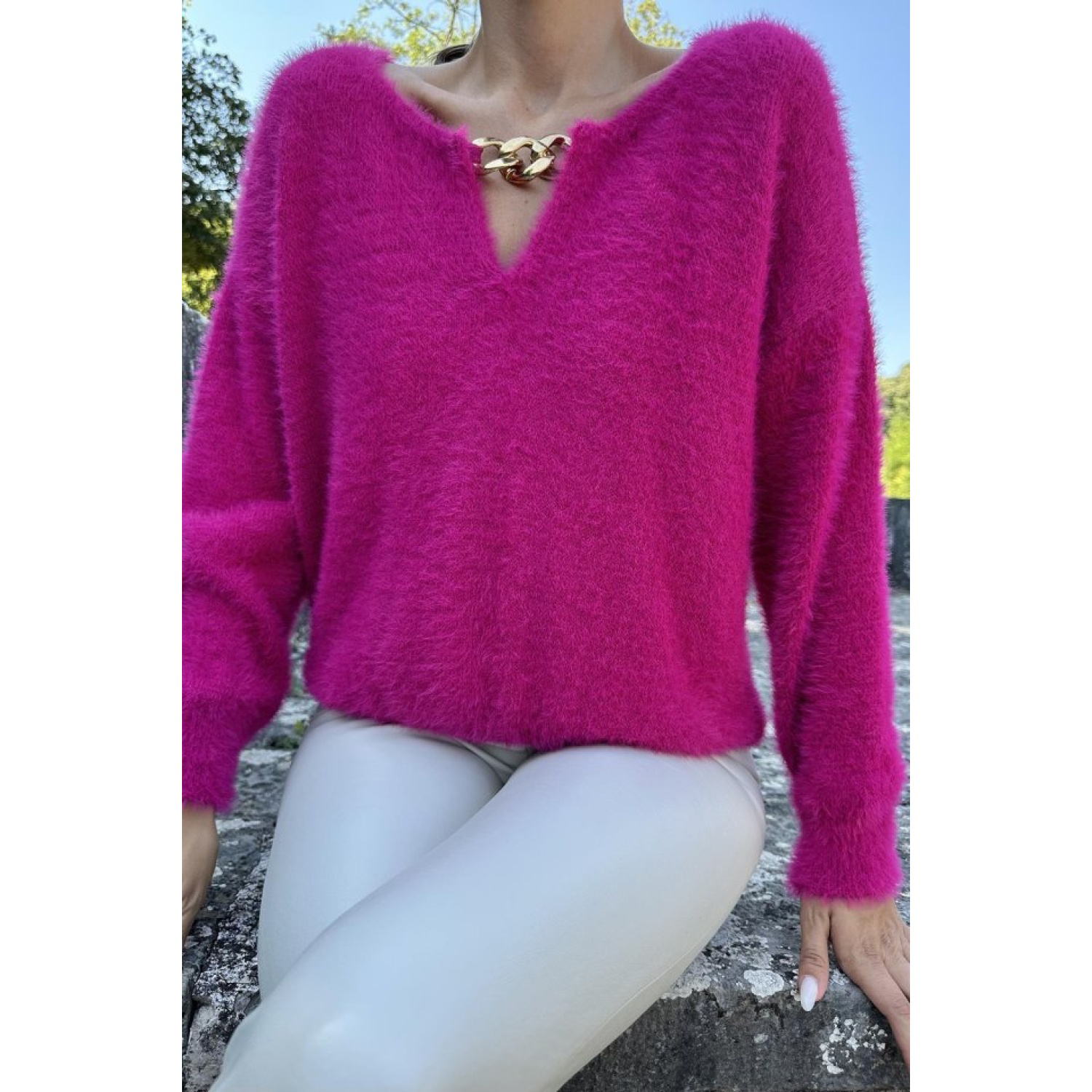 Fuşya Yakası Zincirli Triko Kazak Fuşya Yakası Zincirli Triko Kazak