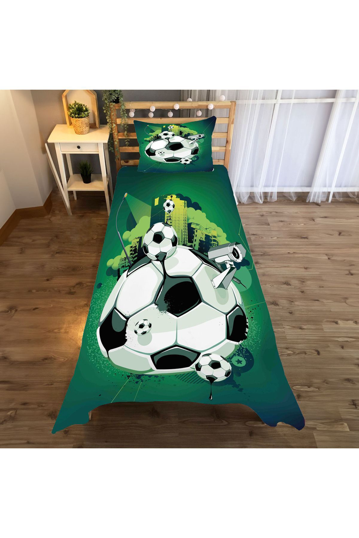 Evan Home Futbol Desenli Çocuk Odasi Takim Perde (İki Kanat),Yatak Örtüsü,Yastik,Kirlent ,Hali,Tablo