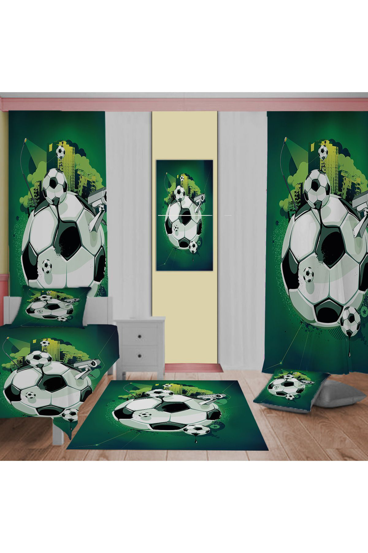 Evan Home Futbol Desenli Çocuk Odasi Takim Perde (İki Kanat),Yatak Örtüsü,Yastik,Kirlent ,Hali,Tablo