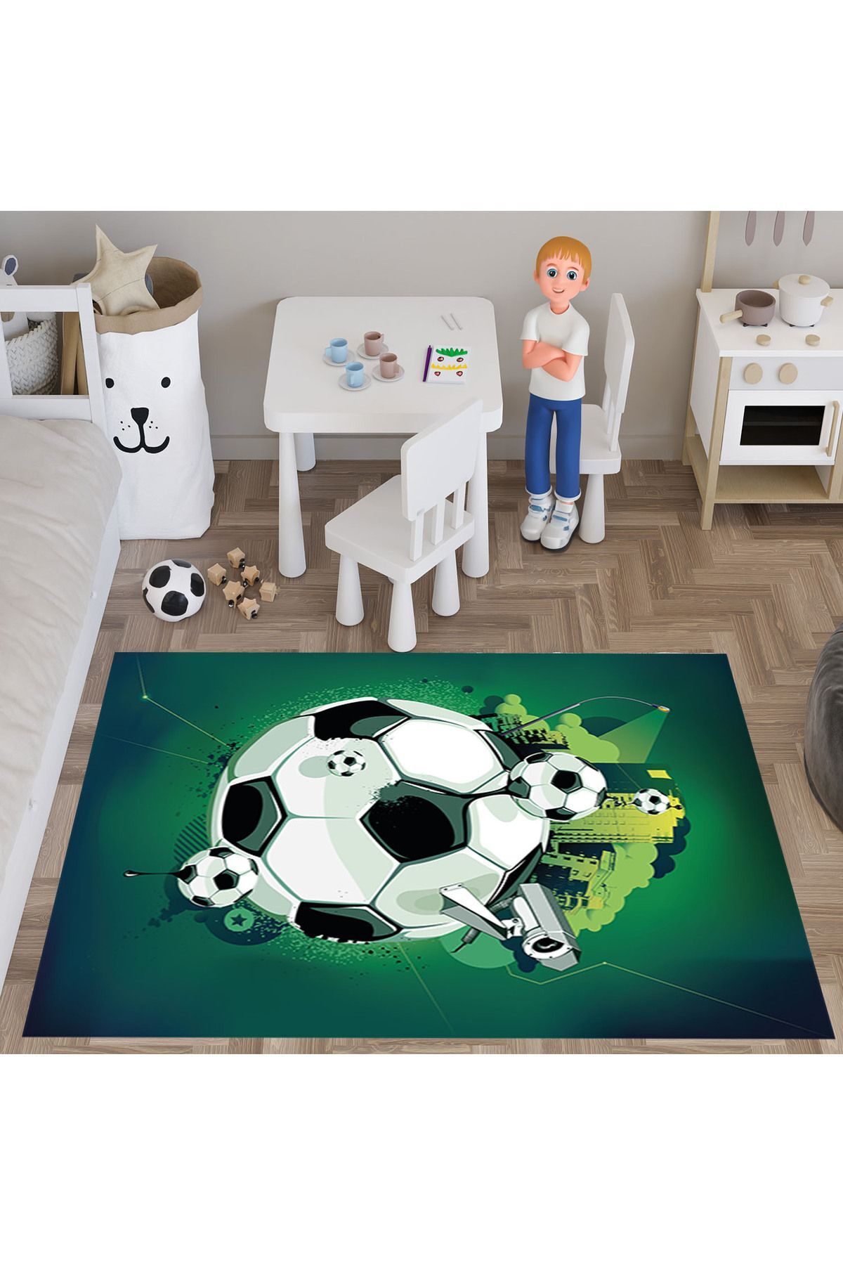 Evan Home Futbol Desenli Çocuk Odasi Takim Perde (İki Kanat),Yatak Örtüsü,Yastik,Kirlent ,Hali,Tablo