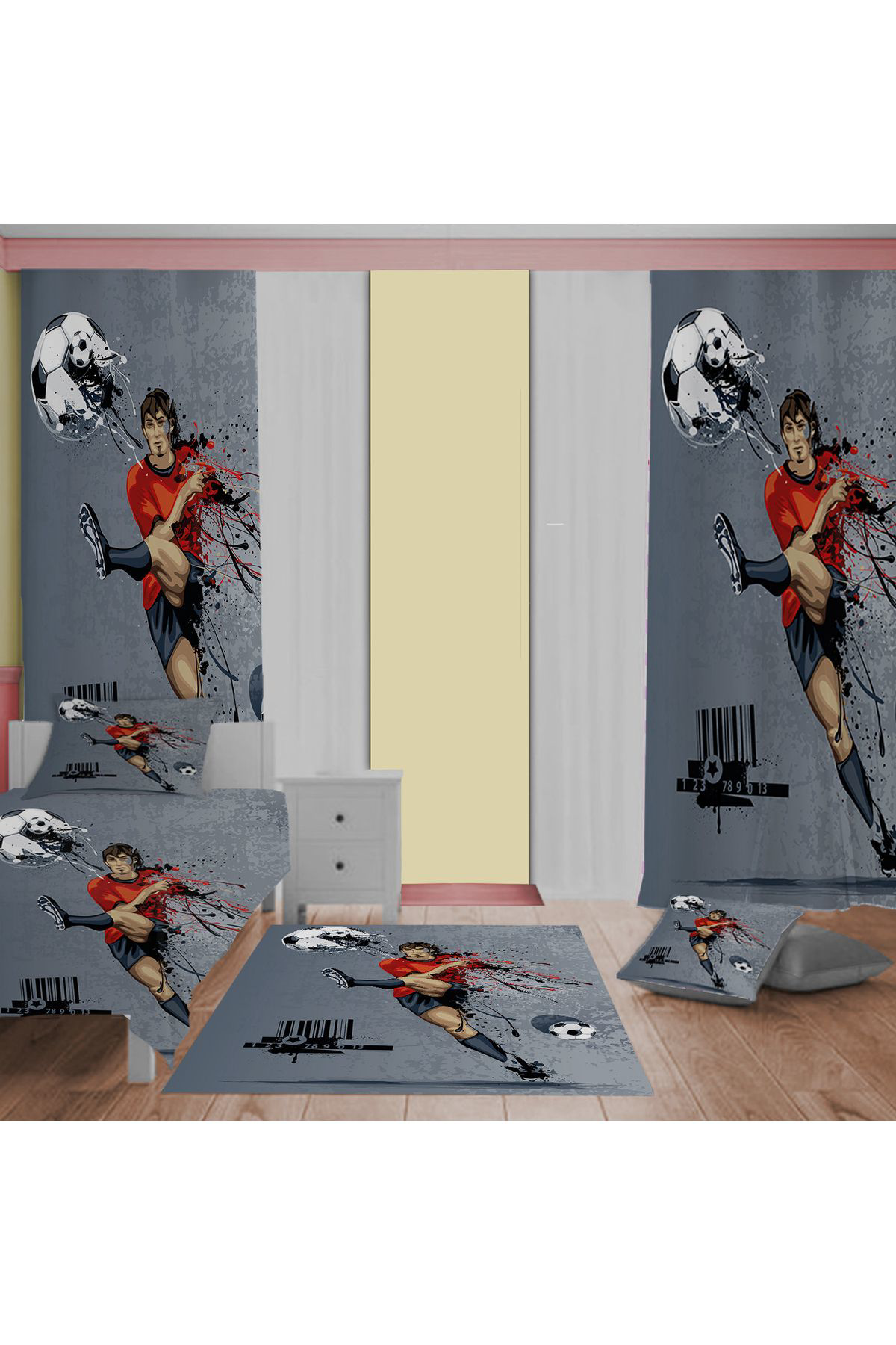 Evan Home Futbolcunun Desenli Çocuk Odası Takım Perde (İki Kanat),Yatak Örtüsü,Yastık,Kırlent ,Halı,