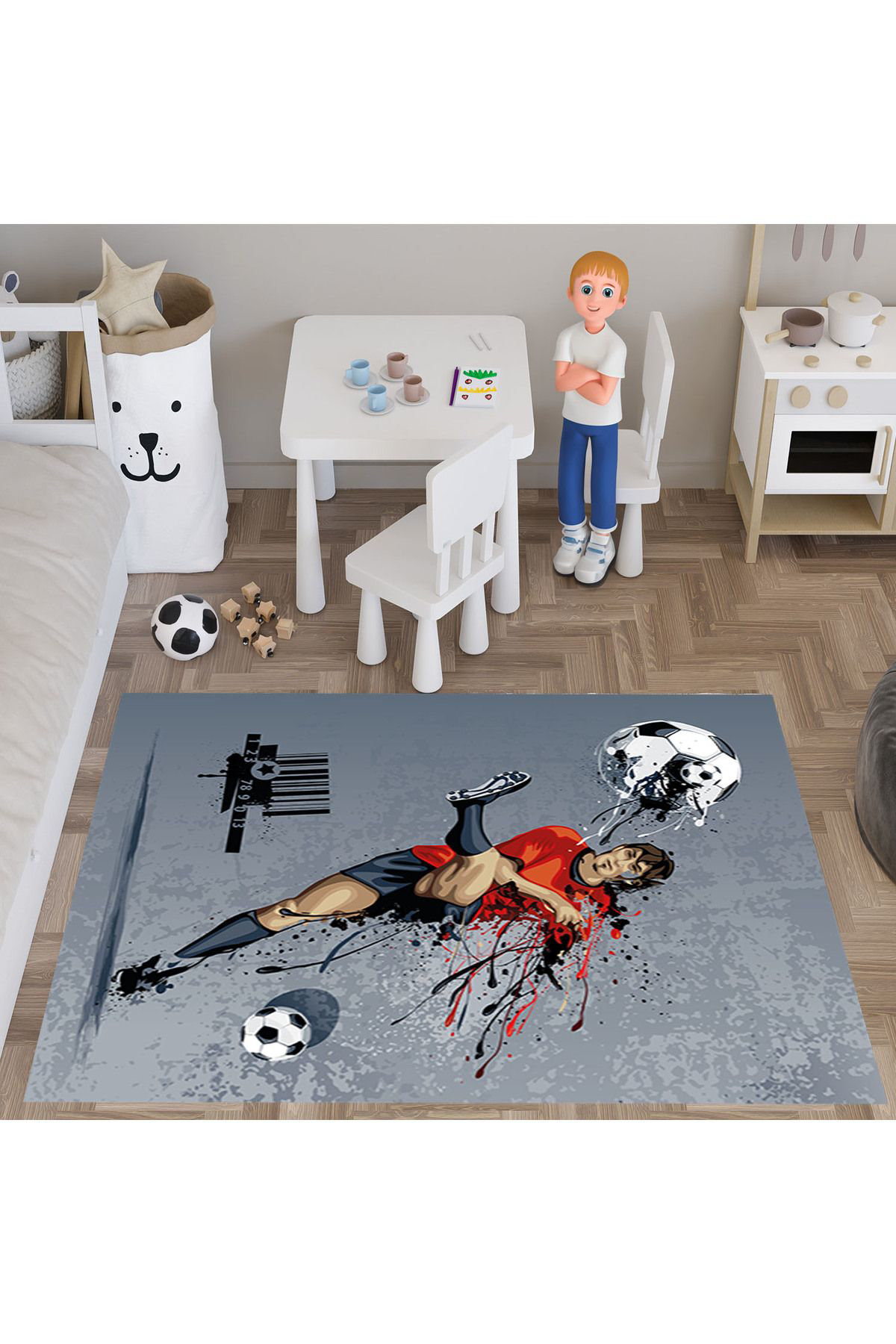 Evan Home Futbolcunun Desenli Çocuk Odası Takım Perde (İki Kanat),Yatak Örtüsü,Yastık,Kırlent ,Halı,