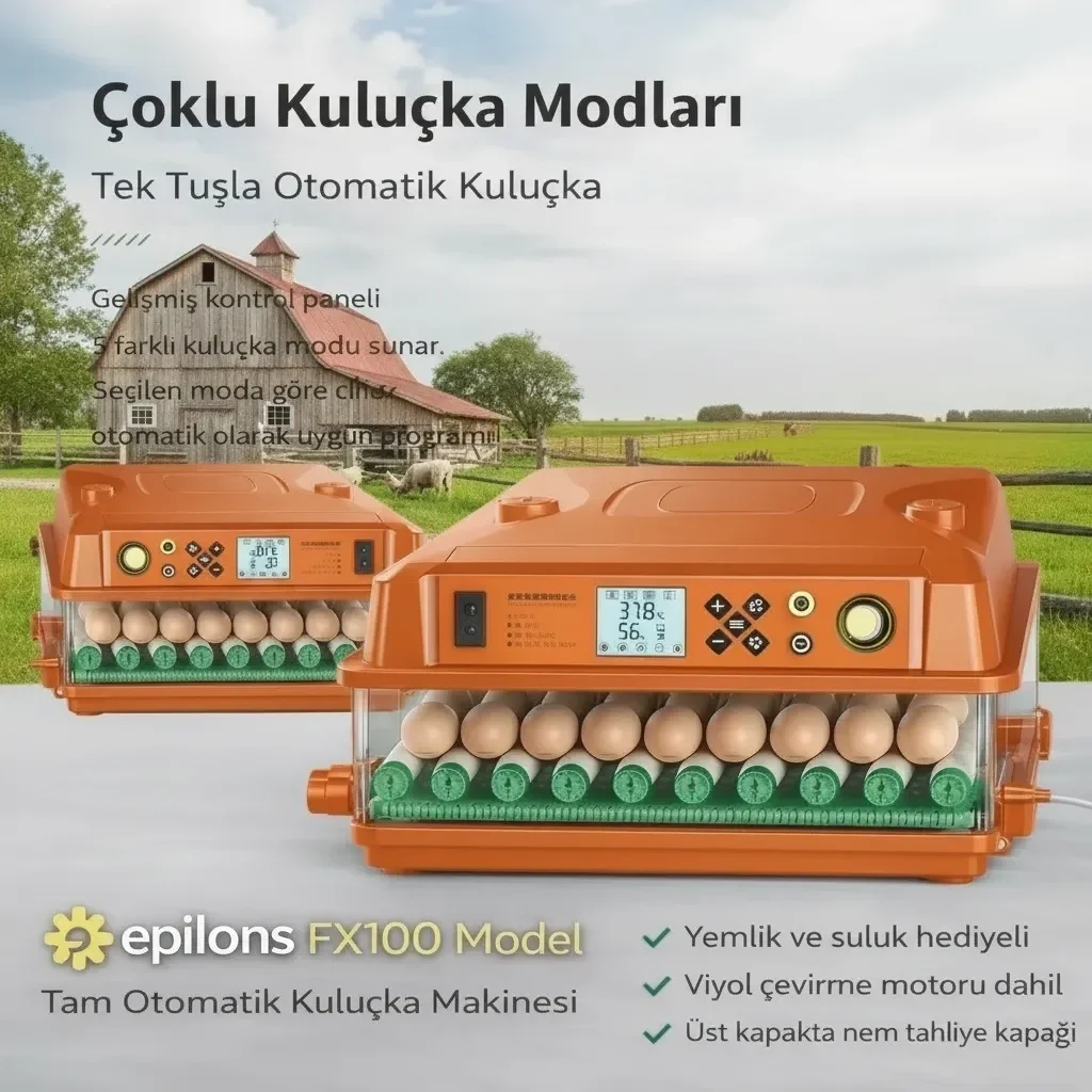 FX100 Tam Otomatik Kuluçka Makinesi – 100 Yumurta Kapasiteli | Yeni Nesil Havalandırma | Otomatik Motorlu Su Alma Sistemi | Dijital Isı ve Nem Kontrol Fiyatı, Yorumları ve Özellikleri