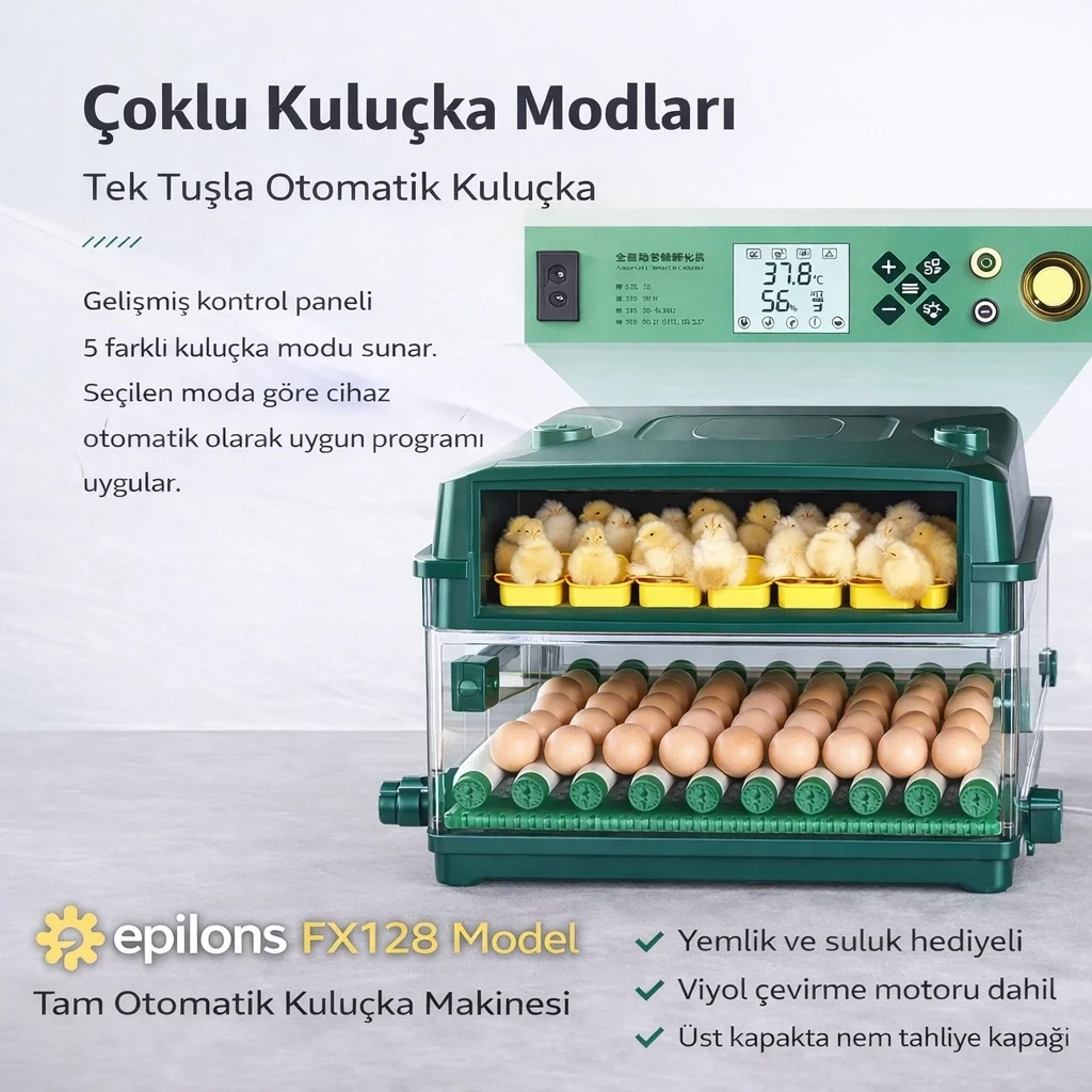 FX128 Model Tam Otomatik Kuluçka Makinesi - Çift Katlı, Çift Güç Sistemli, Su Hazneli Yeni Nesil İnkübatör Fiyatı, Yorumları ve Özellikleri