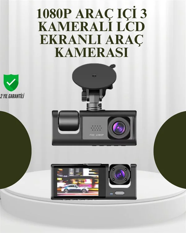 G-Sensörlü 3'lü Kayıtlı Araç Kamerası - Ön Arka İç Kamera 1080P & G-Sensör