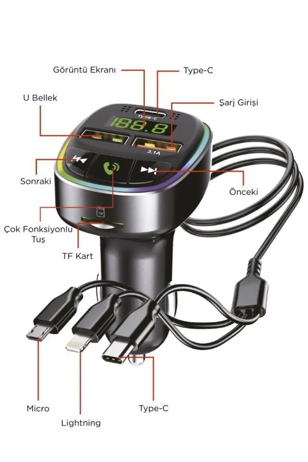 G15 Siyah FM Transmitter Araç Şarj Cihazı (18W Hızlı Şarj - USB/T