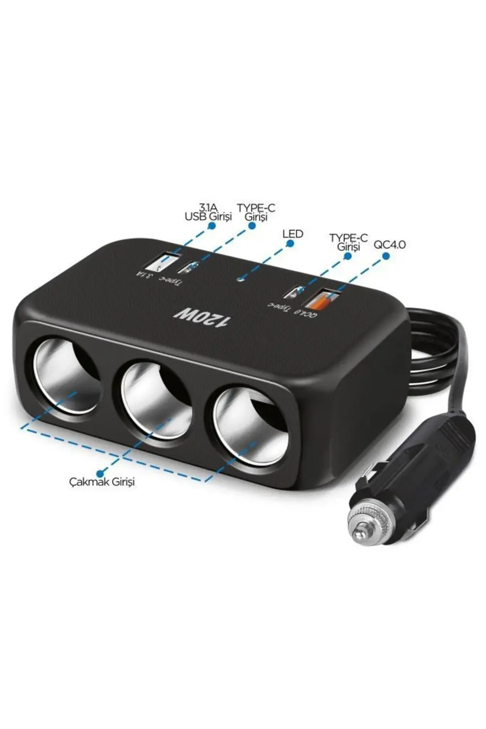 G18 Araç İçi Çakmak Çoklayıcı – 120W, 3 Çakmak Soketi, Type-C & U