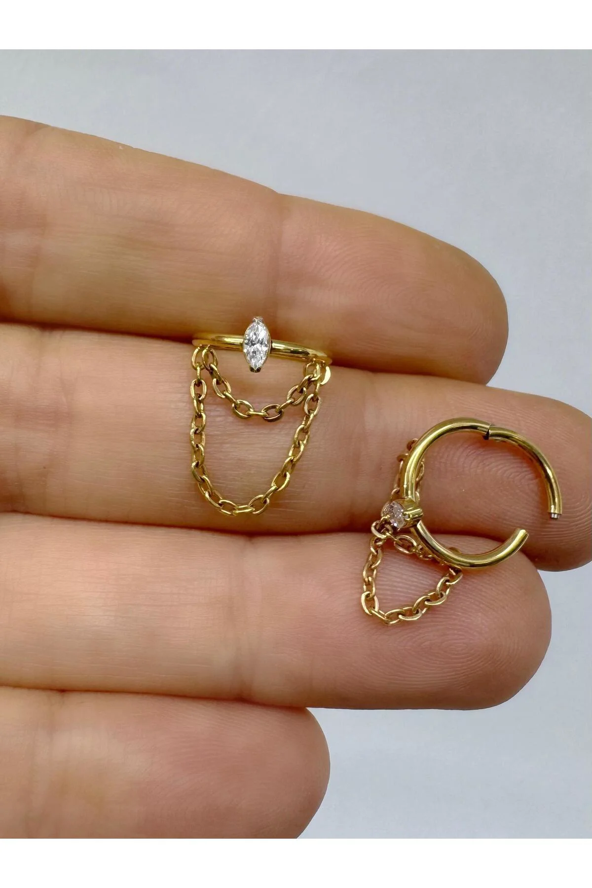 g23 titanium ( tianyum ) zirkon taşlı zincirli conch helix uyumlu 1 adet piercing