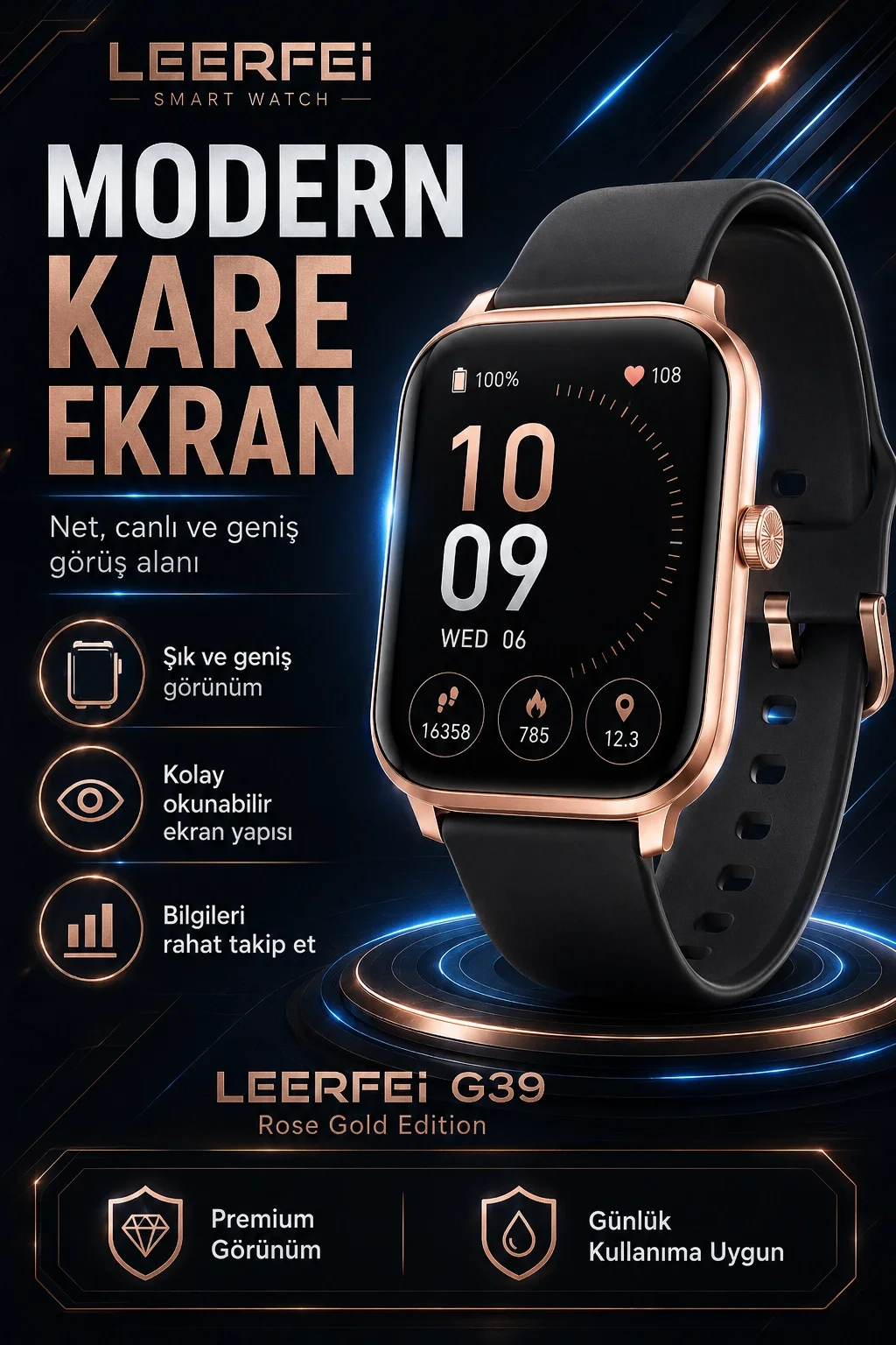 G39 Model Kablosuz Şarjlı Akıllı Saat Rose Gold Renk Bildirim Ve Arama Destekli