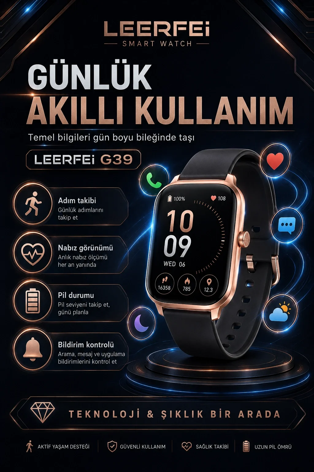 G39 Model Kablosuz Şarjlı Akıllı Saat Rose Gold Renk Bildirim Ve Arama Destekli