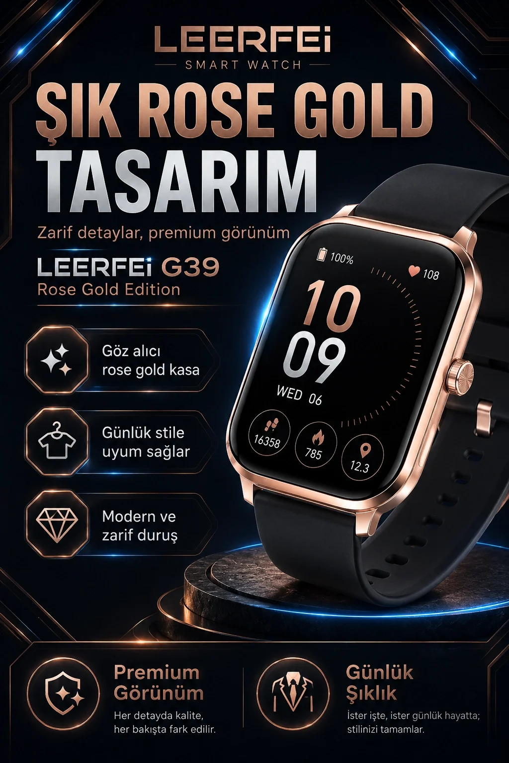 G39 Model Kablosuz Şarjlı Akıllı Saat Rose Gold Renk Bildirim Ve Arama Destekli