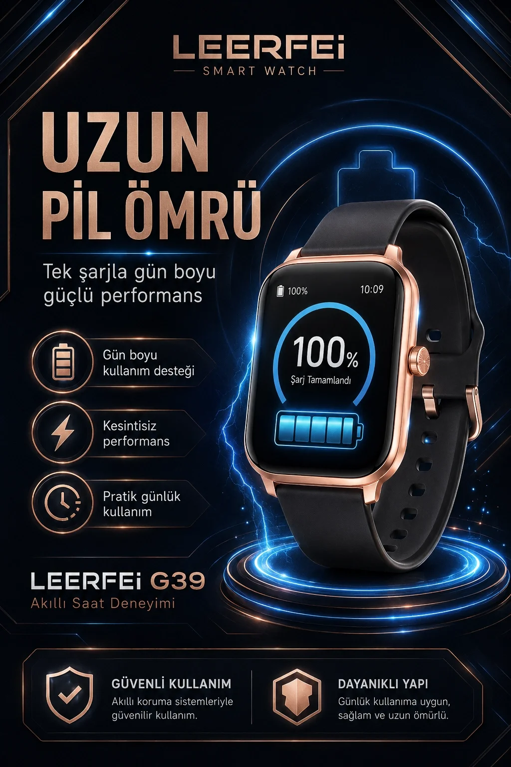G39 Model Kablosuz Şarjlı Akıllı Saat Rose Gold Renk Bildirim Ve Arama Destekli