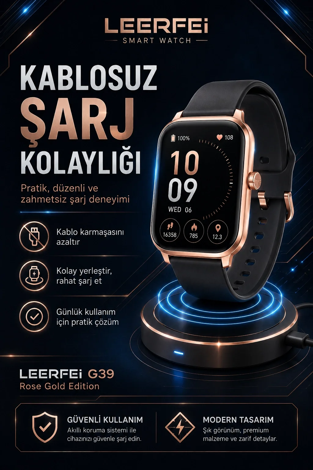 G39 Model Kablosuz Şarjlı Akıllı Saat Rose Gold Renk Bildirim Ve Arama Destekli