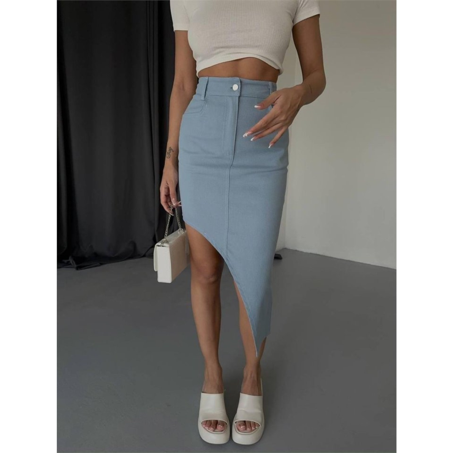 GABARDİN YIRTMAÇ DETAYLI ETEK - Açık Mavi