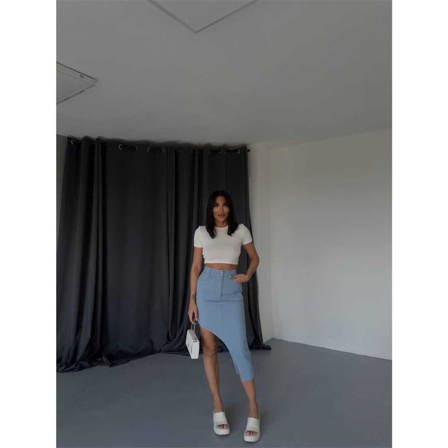 GABARDİN YIRTMAÇ DETAYLI ETEK - Açık Mavi