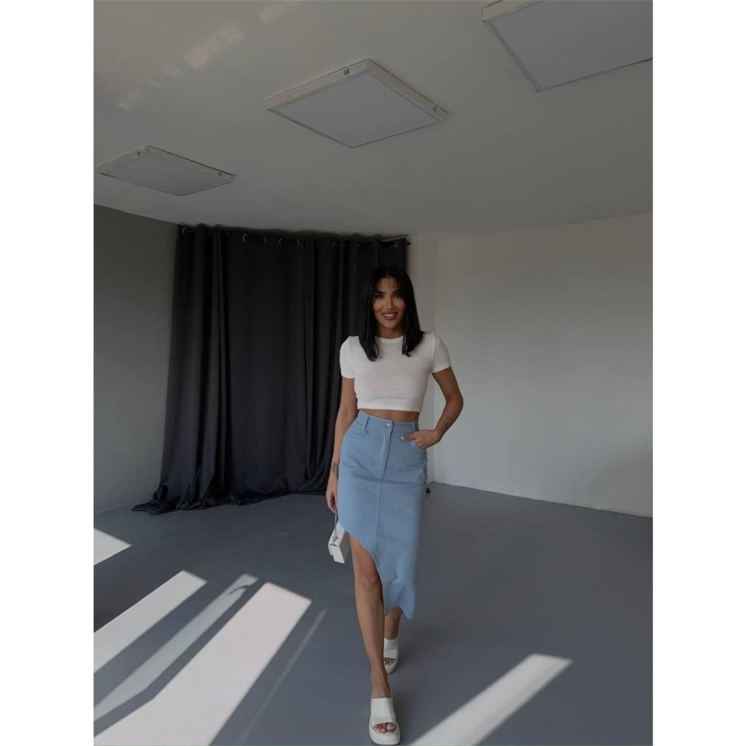 GABARDİN YIRTMAÇ DETAYLI ETEK - Açık Mavi