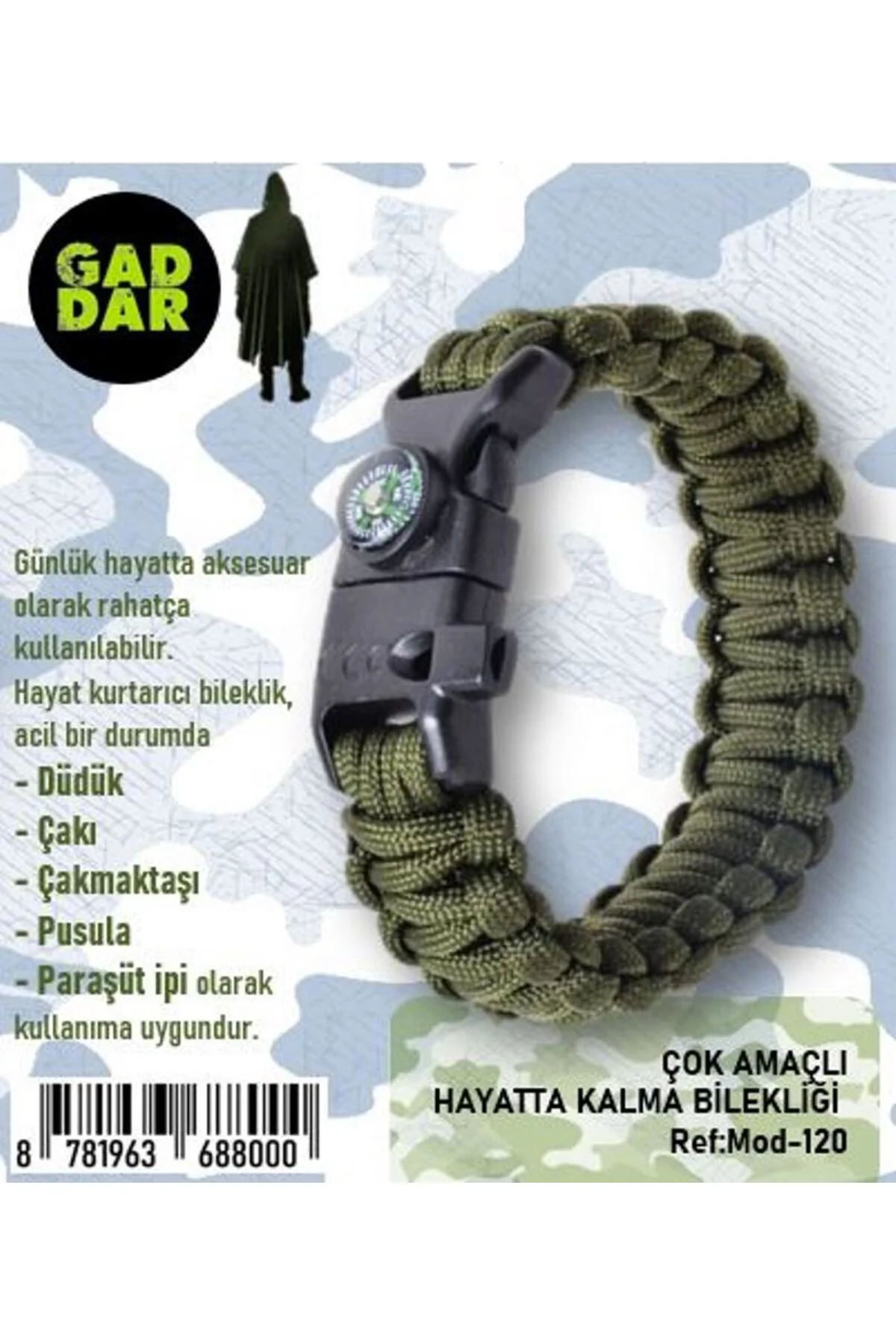 Gaddar Plus taktikal yeşil bileklik magnezyum çubuklu düdüklü ledli unisex hediyelik 19 işlev