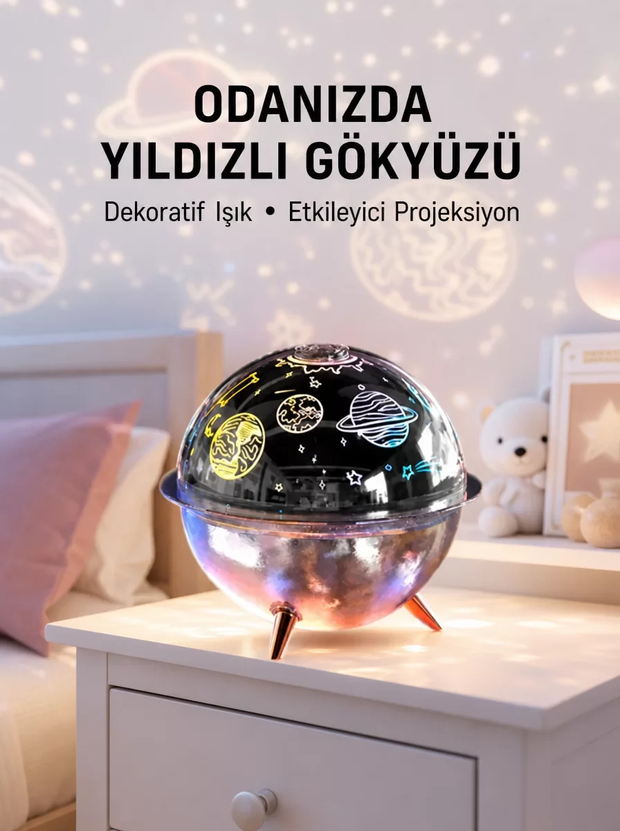 Galaksi ve Yıldız Efektli Uzay Temalı Nemlendirici Işık Projektörü - Yeni Nesil