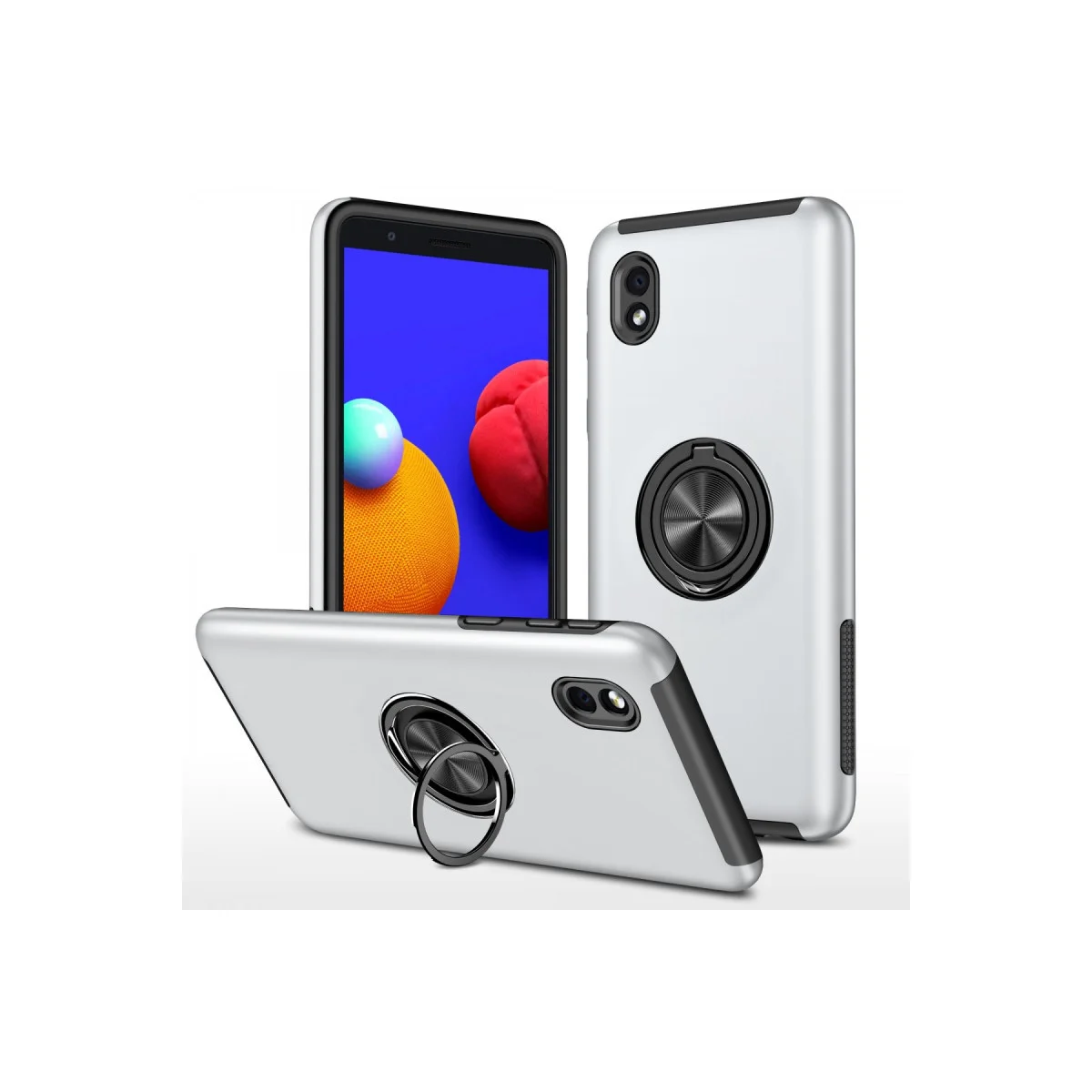 Galaxy A01 Core Elit 3'lü Kılıf - Gümüş Yüzüklü Kapak (Premium Koruma ve Araç Tutucu Uyumlu)