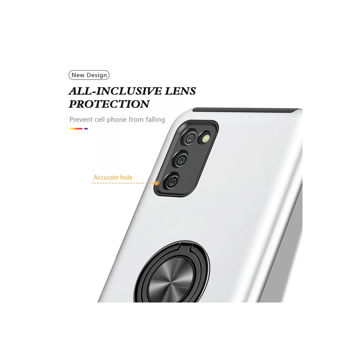 Galaxy A02S Elit Yüzüklü Kılıf Gümüş - 360° Dönen Mıknatıslı Stand ve Ultra Korumalı