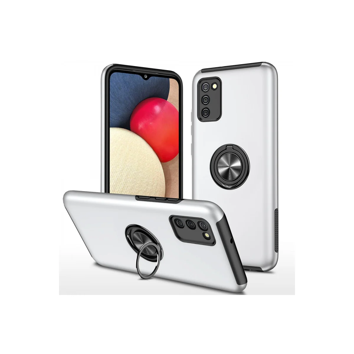 Galaxy A02S Elit Yüzüklü Kılıf Gümüş - 360° Dönen Mıknatıslı Stand ve Ultra Korumalı