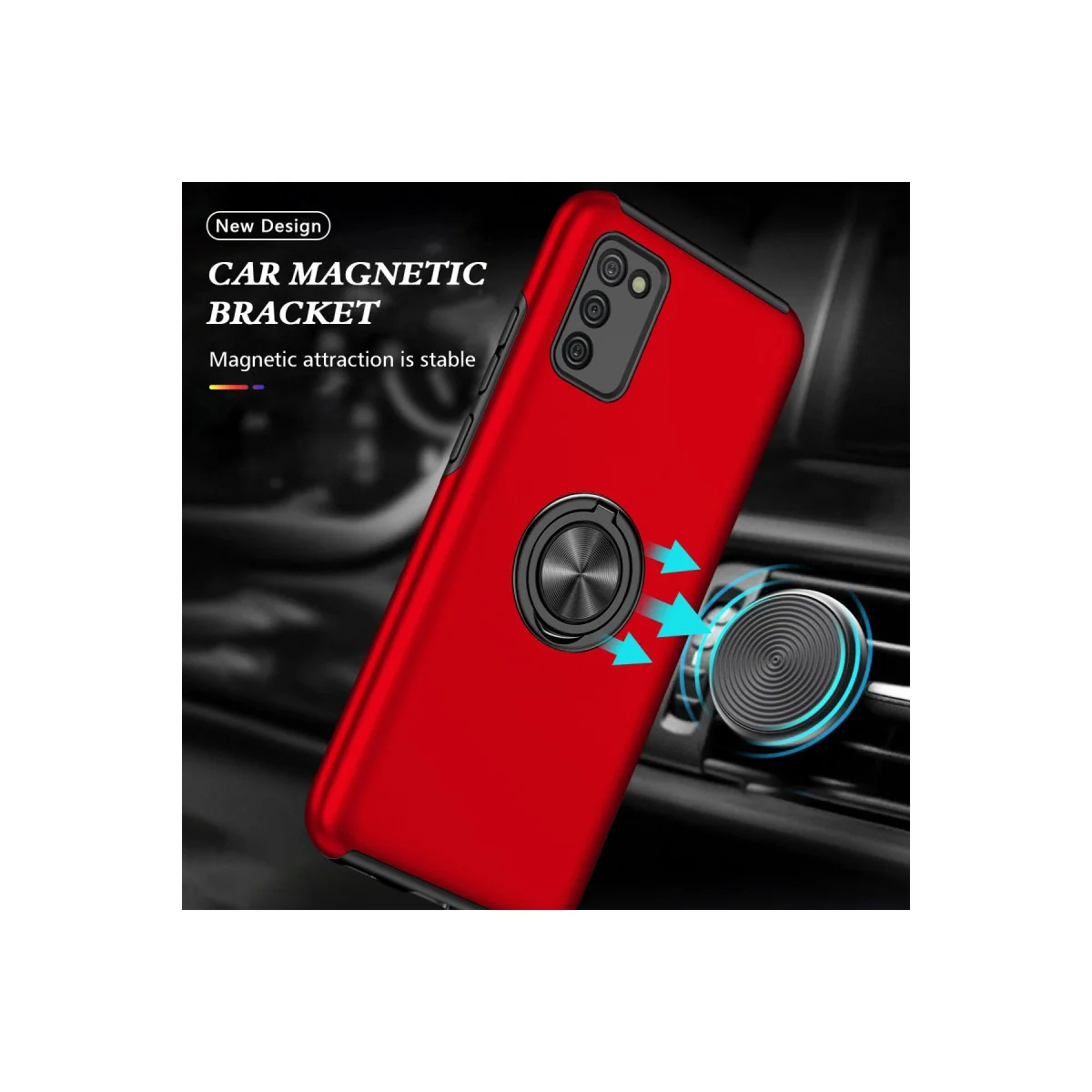 Galaxy A02S Elit Yüzüklü Kılıf - Kırmızı, 360° Dönebilir Mıknatıs Tutucu ve Korumalı Kılıf