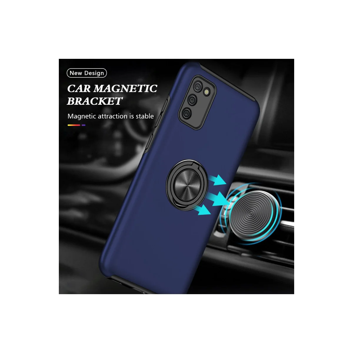 Galaxy A02S Elit Yüzüklü Kılıf - Lacivert Otomatik Dönüşen Halkalı Mıknatıslı Korumalı Kılıf