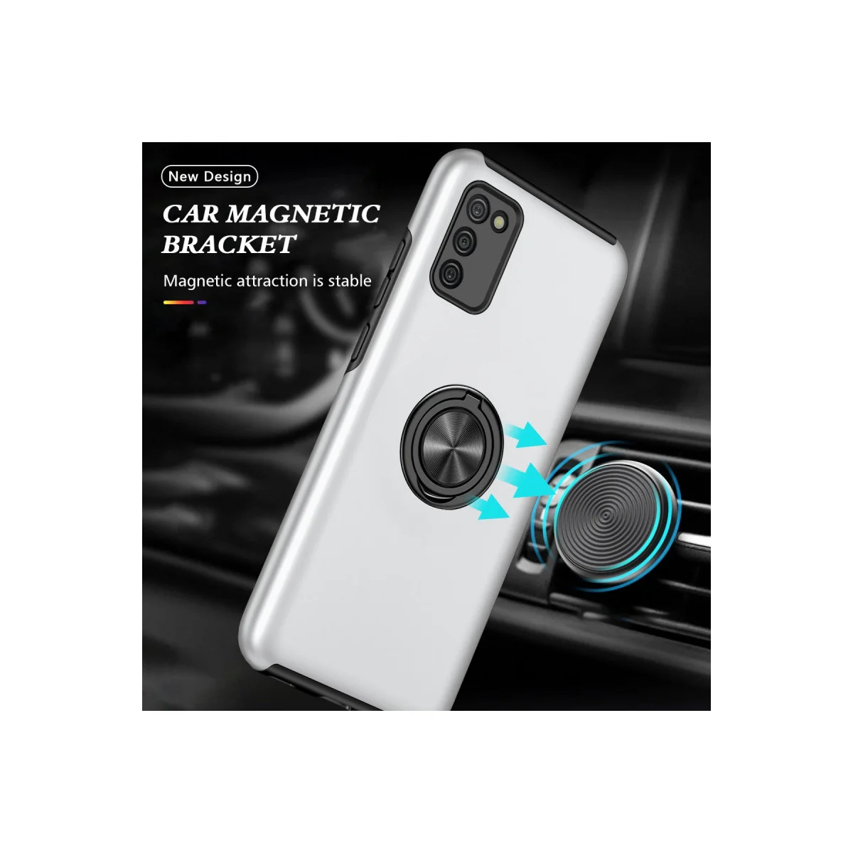 Galaxy A02S Elit Yüzüklü Kılıf Gümüş - 360° Dönen Mıknatıslı Stand ve Ultra Korumalı